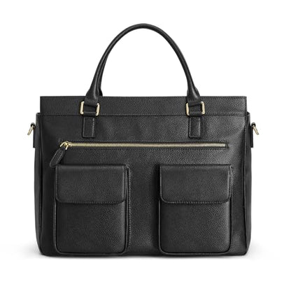 Kattee Leather Briefcase for Women, 15 Inches Laptop Bag, Work Tote with Luggage/Shoulder Strap - color: Black