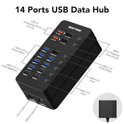 Powered USB Hub, SENTANK 14 Port USB 3.0 Hub Splitter (6 USB 3.0 Data Ports + 4 Fast Charging Ports) with Independent LED On/Off Switch, with 60W Power Adapter for Mac, PC