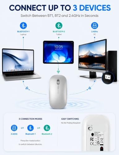 SABLUTE M31 Bluetooth Mouse for MacBook Pro/Air, iPad - Rechargeable Tri-Mode Wireless Mouse for 3 Devices (BT 5.2 + 2.4G), Sleek Silver Slim Silent Mouse for Surface, Windows - color: Sliver