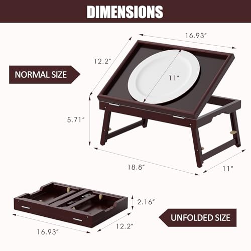 Bamboo Adjustable & Foldable Bed Tray Table with Ergonomic Handle, 17x12in Breakfast Tray for Eating, Laptop Desk, Sofa Snacking, Non-Slip Surface (Mahogany) - color: Jujube Red — 1 Pack, size: 17 x 12.2 x 2.4 in (1 Pack)