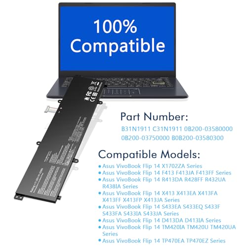 Laptop Battery B31N1911 C31N1911 Compatible with Vivo Book Flip 14 TM420IA M413DA M413 TP470EZ TP470EA TP420UA TP420IA F413 S413 0B200-03750000 0B200-03580000 B0B200-03580300 42Wh 11.55V - color: B31N1911