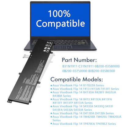 Laptop Battery B31N1911 C31N1911 Compatible with Vivo Book Flip 14 TM420IA M413DA M413 TP470EZ TP470EA TP420UA TP420IA F413 S413 0B200-03750000 0B200-03580000 B0B200-03580300 42Wh 11.55V - color: B31N1911