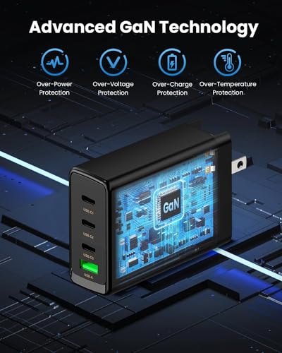 100W USB C Charger Block,4-Port GaN Fast Charger Compatible with MacBook Pro, MacBook Air, Google Pixelbook, ThinkPad, Dell XPS, iPad Pro, Galaxy iPhone All USB C Devices 6ft