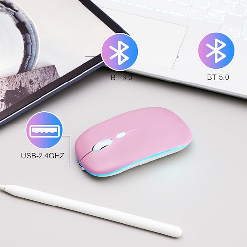 Wireless Bluetooth Mouse Rechargeable Long Lasting Dual Mode - BT 5.2 & 2.4G Silent RGB LED Mice, Slim Portable Ergonomic Mouse for Laptop/PC/Tablet/MacBook/iPad/Apple Devices(Pink) - color: Pink