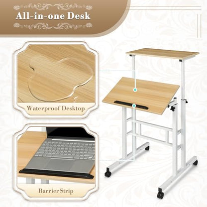 Athena Collection Rolling Standing Desk Small Mobile Table, Natural | 4 Lockable Wheels, Engineered Wood Split Top, Adjustable Height for Home Office Computer Workstation - color: Natural