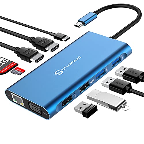 UtechSmart 11 in 1 Docking Station, Triple Monitors USBC Laptop Docking Station with 2 HDMI, VGA, PD3.0, SD TF Card Slot, 4 USB Ports USB-C Adapter Compatible for MacBook & Windows(Blue) - color: Blue, size: 11 in 1