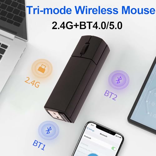 Wireless Bluetooth Mouse, Mini 3-Mode (BT4.0/5.0+2.4G) Noiseless Rechargeable Travel Mice with Mouse Case, 3 Buttons 1200 DPI Ultra Lightweight Portable Wireless Mice for Desktop Laptops PC（Black） - color: Black