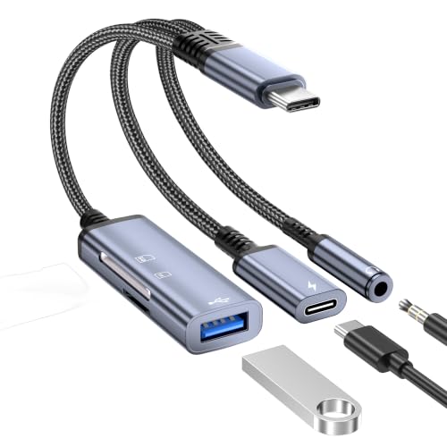USB-C to 3.5mm Headphone Adapter,3 in 1 USB C Charging Port Splitter,OTG Adapter,TF/SD Card Reader,USB C to Audio Jack Adapter for iPhone15 16 17,Android,iPad,Laptop,Slivery