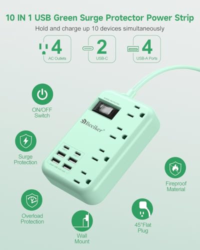 6 USB(2 USB C) Green Travel Power Strip 4 Outlets 5Ft Green Extension Cord | 5FT Green Extension Cord,2 USB C Charging Station,4 Outlets,Cute Desk Accessories,Switch,Kawaii Home Office College Dorm,24W - size: 5 FT(Green-24W USB-980J)