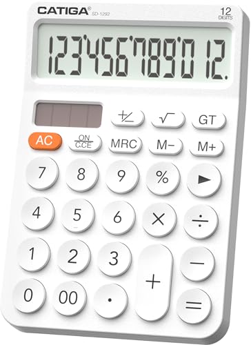 CATIGA 12 Digit Desktop Calculator Basic Desk Calculator with Large LCD Display, Big Buttons, 4 Function, Solar and Battery Dual Power, for Office, School, Home, SD-1292 White - color: 4) White
