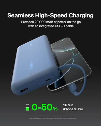 Belkin 20000mAh 30W USB C Power Bank, Portable Charger for iPhone & iPad | Fast Charging, Integrated USB C Cable, Eatra USB C Port, iPhone 17, iPad, Samsung Galaxy S26, Charge 2 Devices - color: Blue, style: 20K mAh