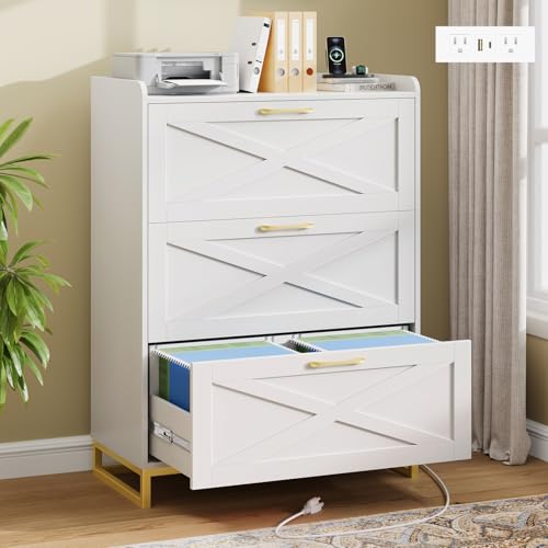 Halitaa File Cabinet 3 Drawers Lateral File Cabinet with Charging Station for Letter/Legal/A4 Size Hanging Files, Large Wood File Storage Cabinets Printer Stand for Home Office, White and Gold - color: Rusic White