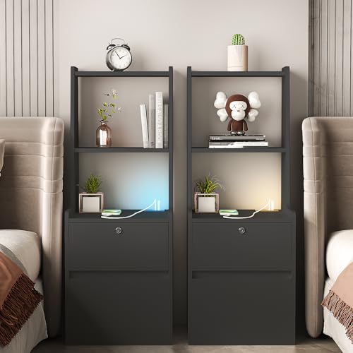 Modern Smart Nightstand with Night Light & Charging Station, Night Stand with Bookshelf, Lockable Bedside Cabinet Tables with 2 Storage Drawers for Bedroom Home Office - color: Black
