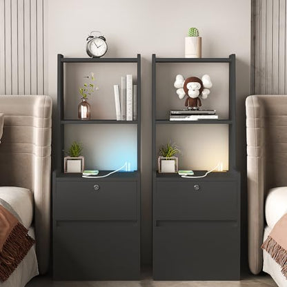Modern Smart Nightstand with Night Light & Charging Station, Night Stand with Bookshelf, Lockable Bedside Cabinet Tables with 2 Storage Drawers for Bedroom Home Office - color: Black
