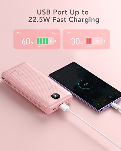 VRURC Portable Charger 20000mAh, Fast Charging Power Bank USB C,4 Output 2 Input Travel Essentials Charging Bank Equipped with LED Display,Built-in Wall Plug and Cables,Phone Charger Battery,Pink - color: Pink