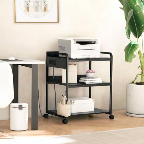 Livofloral Printer Stands with Charging Station, 25.2 x 18.9 Inch Large Printer Stand with Wheels for Home Office, 3 Tier Printer Table with Power Outlet USB Port, Printer Shredder Stand, Black - color: Black