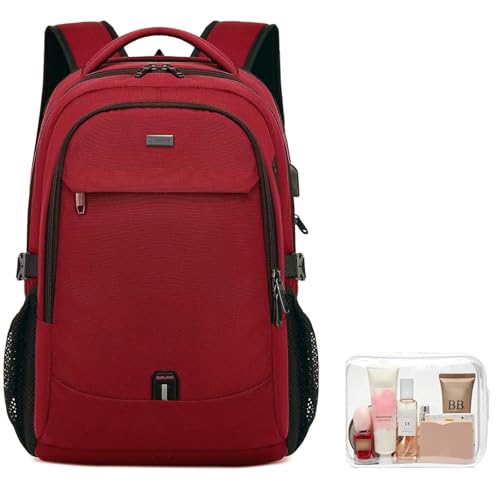 17 Inch Laptop Backpack for Travel Water Resistant College Backpack for Women Laptop Bag with USB Charging Port and Clear Toiletry Bag, Red A - color: 30191 Red With Clear Toiletry Bag