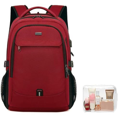 17 Inch Laptop Backpack for Travel Water Resistant College Backpack for Women Laptop Bag with USB Charging Port and Clear Toiletry Bag, Red A - color: 30191 Red With Clear Toiletry Bag