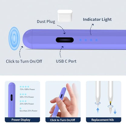 Stylus Pen for iPad,(2018-2026) Fast Charge with Tilt Sensitivity & Palm Rejection Compatible with iPad Pro 11"/12.9", iPad mini 5/6, iPad Air 3/4/5, iPad 6/7/8/9/10 (White Purple) - color: White purple