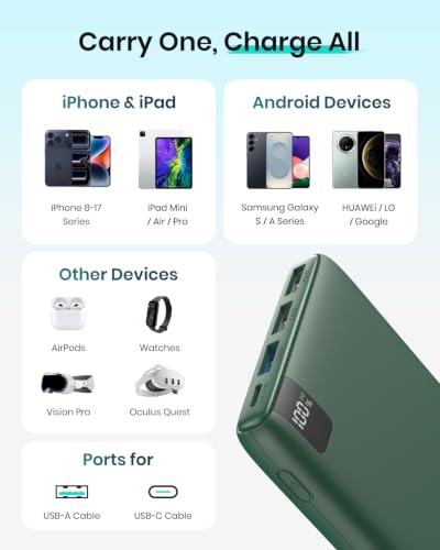 A ADDTOP Power Bank 20000mAh PD 22.5W Fast Charging Portable Charger | USB-C & USB-A In/Output丨Travel Essential丨LED Display丨Battery Pack for Phone 17/16/15 Galaxy丨Lightweight丨Flight-Safe丨Black - color: Green