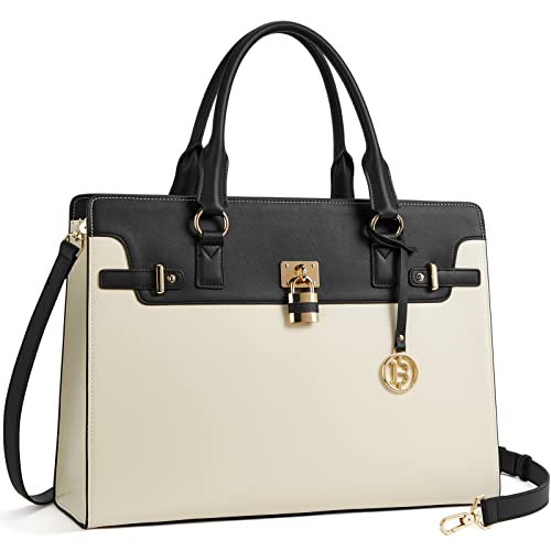 BOSTANTEN Briefcase for Women 15.6 inch Leather Laptop Bag Vintage Slim Lawyer Business Bag Stylish Work Purse - color: F-beige&black