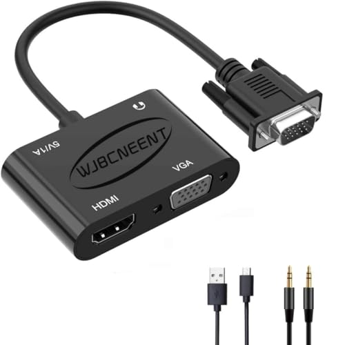 VGA to HDMI VGA Audio Video Cable Adapter Converter Splitter with 3.5mm Audio USB Power for 2 Monitors, Computer, Desktop, Laptop, PC, Projector, HDTV 1080P, Plug and Play