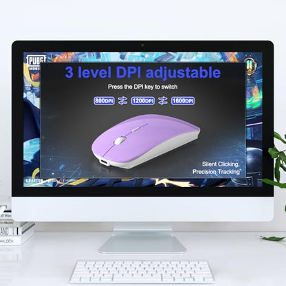 Bluetooth Wireless Mouse for MacBook Air Mac Pro Laptop Computer iPad Pad PC Laser Optical Rechargeable Mini Slim Silent Mouse Widely Used Desktop Hp iMac (Purple) - color: Purple