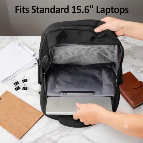 Laptop Backpack, Water Repellent Business Travel Backpack with USB Charging Port, Fits Up to 15.6 Inch Notebook Computer Bag, Casual Daypack for Men Women Commuting Work,Black