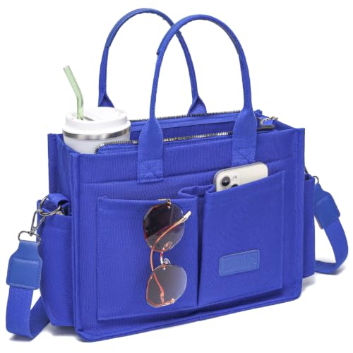 Canvas Tote Bag for Women,Women's Bags Crossbody Bags Work Laptop Tote Bag Large Handbags Purse for Travel Nurse Teacher - color: New Upgrade Navy Blue With Compartments and Side Cup Holders