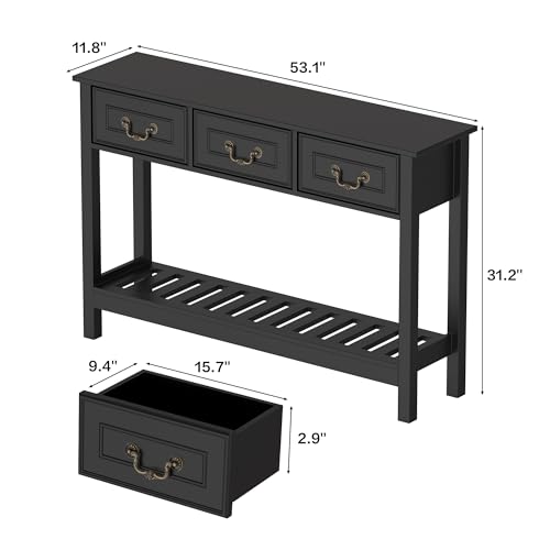 Sofa Table - Entryway Table with Drawers, Narrow Console Table for Living Room, 53” Long Farmhouse Sofa Table with 3 Drawers & 2-Tier Shelves,Black Oak Finish for Hallway or Behind Couch - color: Black