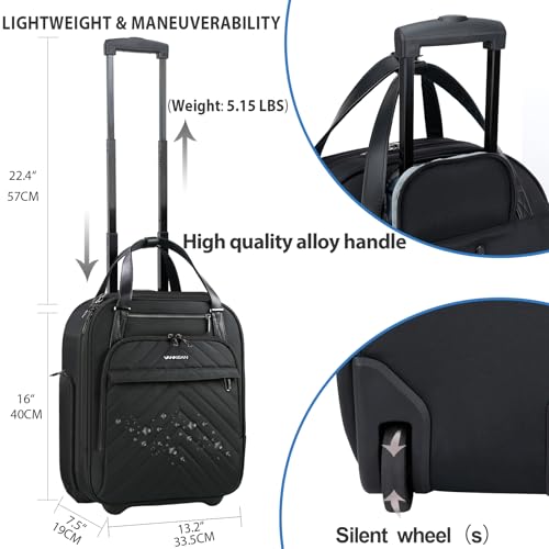 VANKEAN Carry On Underseat 16-inch Multi-functional Underseater Lightweight Overnight Suitcase with Wheels Roller Case for Women Men Travel Business, Black - color: Black