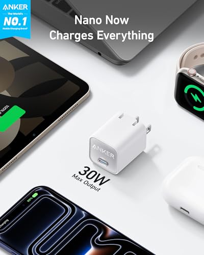 Anker Nano Phone Charger, USB C GaN Charger 30W, PIQ 3.0 Foldable PPS Fast Charger USB C for iPhone 17/16 and More Series, Galaxy, iPad, Compatible with MagSafe - color: white