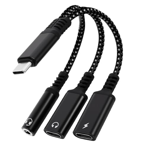 1 in 3 USB C to Type-C Charging and Type-C Headphones Plus 3.5mm Headphones PD 60W Charging Adapter, Compatible with GalaxyS22, iPad Pro, Pixel, iPhone 16 15, etc.（Black） - color: black