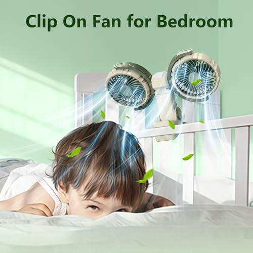 Dual Head Clip on Fan Battery Powered with Light,Portable USB Rechargeable Powerful Desk Table Fans,360°Rotatable Cooling Clamp Fans for Stroller,Car,Golf Cart,Treadmill,Outdoor Camping(Light Green) - color: Green