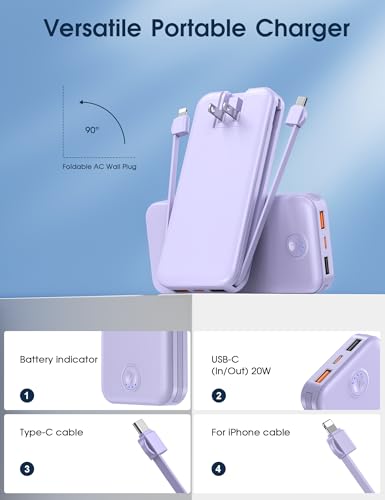 Nusyddy Portable Charger 10000mAh Fast Charging w/Built-in Wall Plug Purp. | PD20W Fast Charging, LED Indicator, Pass Through Charging, TSA Approved, Compact/Slim, Power Bank for iPhone/iPad/Samsung - color: Violet