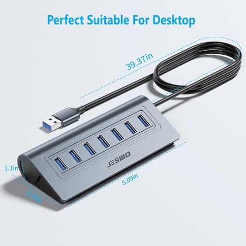 USB Hub 3.0, JESWO Aluminum 7 Port USB 3.0 Hub with 3.3Ft Cable, USB Splitter with 7-USB3.0 Data Ports Compatible with MacBook, Laptop,Surface Pro, PS5, PC and More (No Power Adapter Included) - color: Grey