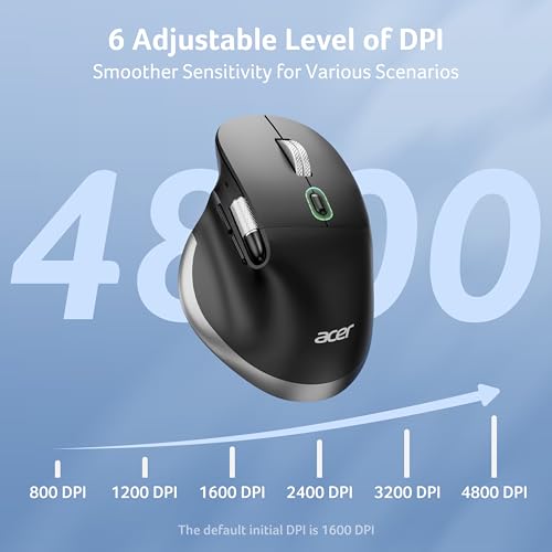 Acer Ergonomic Mouse Wireless Rechargeable with Side Scroll for Laptop/Mac | Bluetooth Computer Mouse (BT5.2+2.4GHz) with 8 Buttons, Medium to Large Sized Hands, Office USB Mice, 4800 DPI
