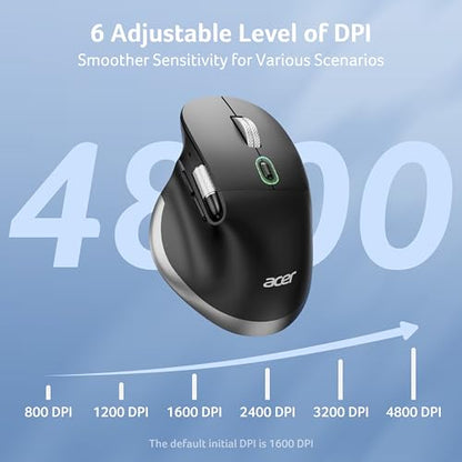 Acer Ergonomic Mouse Wireless Rechargeable with Side Scroll for Laptop/Mac | Bluetooth Computer Mouse (BT5.2+2.4GHz) with 8 Buttons, Medium to Large Sized Hands, Office USB Mice, 4800 DPI