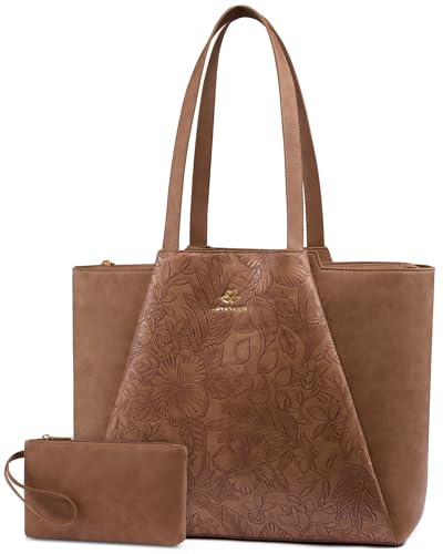 LOVEVOOK Laptop Tote for Women - 15.6 Inch Faux Leather Laptop Bag with Clutch, Large Capacity Office Purse Computer - color: Brown Embossed, size: 15.6 inch