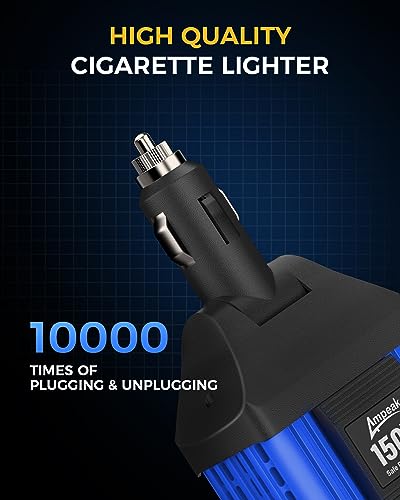 150W Car Power Inverter, 12V DC to 120V AC, Cigarette Lighter Plug | 300W Surge Peak, 1 AC Outlet, Dual USB 4.8A, 11 Protections, Compact for Laptop, Phone, Car, RV, Travel - color: 150W Blue