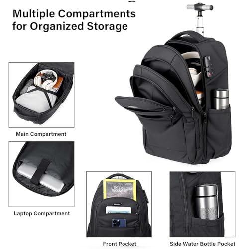Rolling Backpack, 17 inch Laptop Backpack with Wheels Combination Lock, Carry on Luggage Business Bag, Travel Roller Backpack