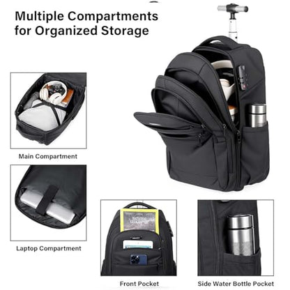 Rolling Backpack, 17 inch Laptop Backpack with Wheels Combination Lock, Carry on Luggage Business Bag, Travel Roller Backpack