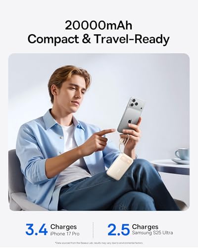 Baseus 20000mAh Compact Portable Charger 45W, CCC Certified Power Bank Built-in USB-C Cables, Travel Essential PD Fast Charging Battery Pack for iPhone 17/16 Series Galaxy S25/S24 Ultra Google iPad - color: Beige