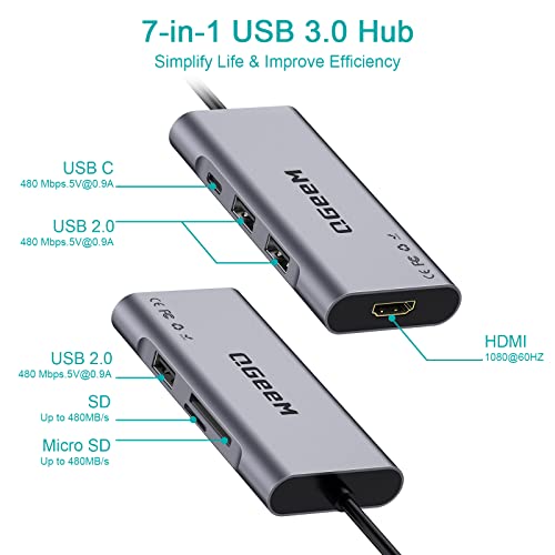 QGeeM 7 in 1 USB 3.0 Data Hub Adapter in Aluminum Dongle with USB to HDMI Adapter 1080p Output,3 USB Ports,USB-C Data Port,SD/Micro Card Reader, Compatible with Windows, Mac, Android