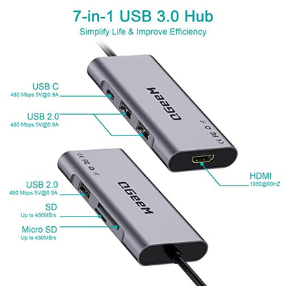 QGeeM 7 in 1 USB 3.0 Data Hub Adapter in Aluminum Dongle with USB to HDMI Adapter 1080p Output,3 USB Ports,USB-C Data Port,SD/Micro Card Reader, Compatible with Windows, Mac, Android
