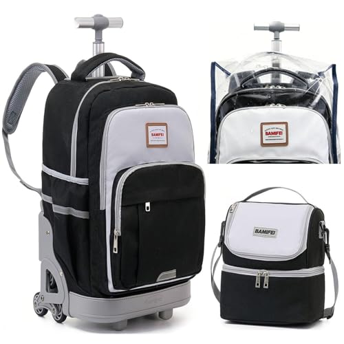 18 Inch Black Rolling Backpack for Kids, Black Climb Stairs Rolling Backpack Carry On Wheeled School Backpack, Spacious Multiple Compartments Quiet Wheels Travel Backpack for Boys