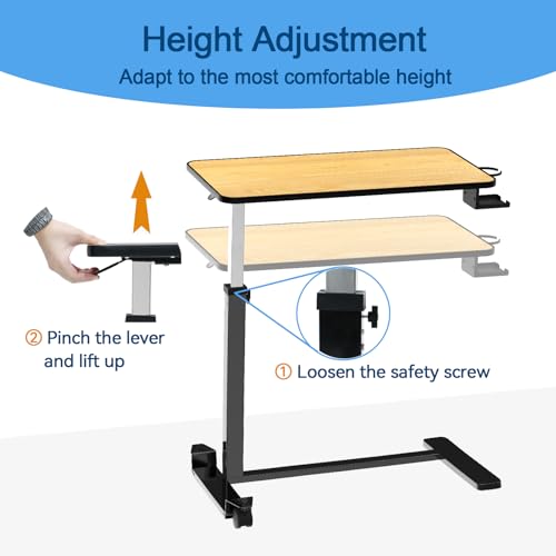 Adjustable Overbed Table with Cup Holder & Hidden Lockable Wheels | Height Adjustable Rolling Bedside Table, Teak Finish, Mobile Laptop Desk, Standing Workstation for Home Use, 30.3"W x 15.3"D - color: Teak