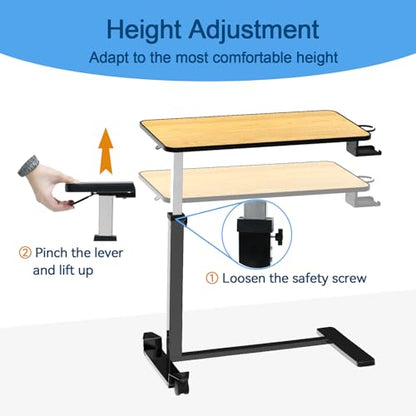 Adjustable Overbed Table with Cup Holder & Hidden Lockable Wheels | Height Adjustable Rolling Bedside Table, Teak Finish, Mobile Laptop Desk, Standing Workstation for Home Use, 30.3"W x 15.3"D - color: Teak