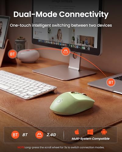 SEUNKWANG Dual-Mode Wireless Mouse with Visible Battery Indicator, Silent Rechargeable Bluetooth & 2.4G Computer Mouse, 1600 DPI, One-Click Desktop Privacy Key, Portable Mice for Laptop/PC/Mac - Green - color: Green