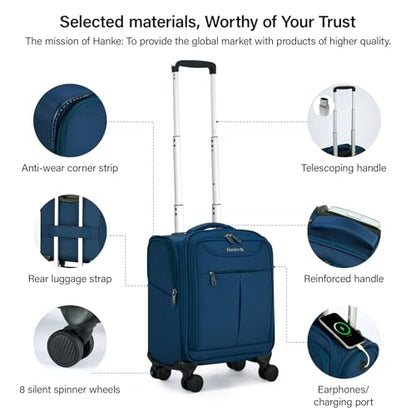Hanke Underseat Carry On Luggage with Wheels, Lightweight Small Suitcase Airline Approved 16 Inch Softside Personal Item Travel Bag for Women Men, Compact Under Seat Luggage with Spinner Wheels.(Blue) - color: Blue